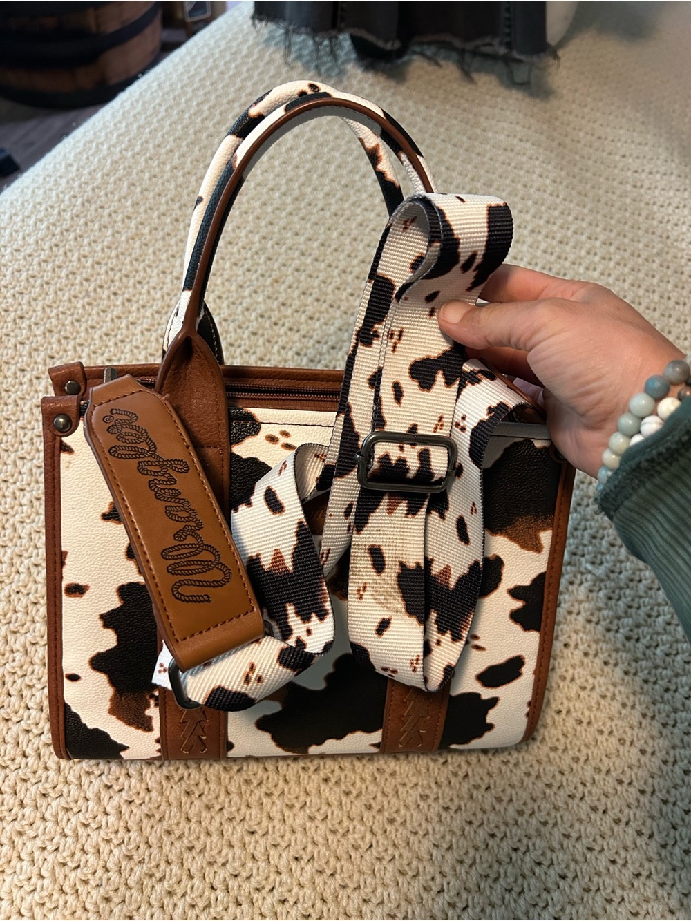 Wrangler Brown and White Cow Print Satchel with Leather Trim - Picture 2 of 8